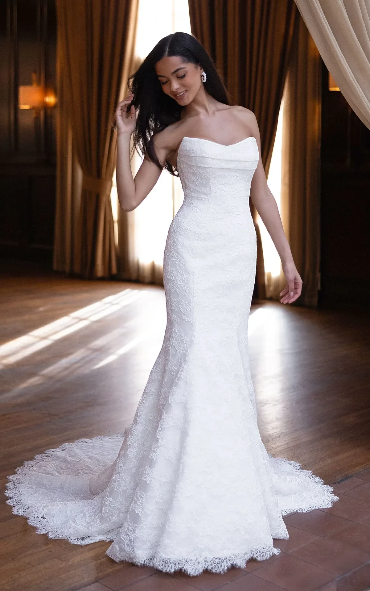 essense of australia d4522, Romantic Allover Lace Fit-and-Flare Wedding Dress with Scalloped Train