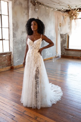HAVEN #0 default (IVRM-PL) Ivory Lace & Tulle over Rum Gown w Porcelain Tulle Plunge thumbnail