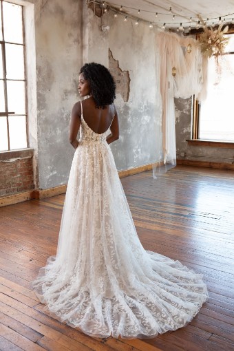 HAVEN #1 (IVRM-PL) Ivory Lace & Tulle over Rum Gown w Porcelain Tulle Plunge thumbnail