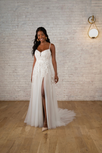 Shaunna #0 default (IVLT-PL) IVORY LACE & TULLE OVER LATTE GOWN W PORCELAIN TULLE PLUNGE thumbnail