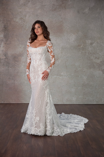 Dionne #1 (IVRM-PL) IVR LACE & TULLE OV RUM GOWN W PLN TULLE ILLUSION & SLEEVES thumbnail